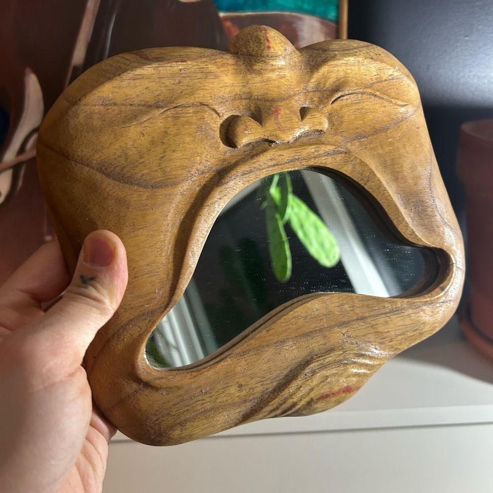 Unique Handcrafted Carved Wooden Face Mirror Indonesia 9" X 7.5”